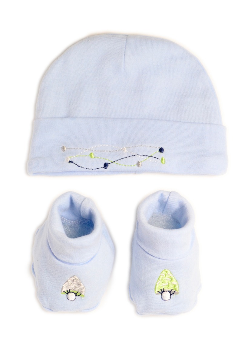 Baby"s Birdy Cap, Bib,Gloves & Socks Blue Set