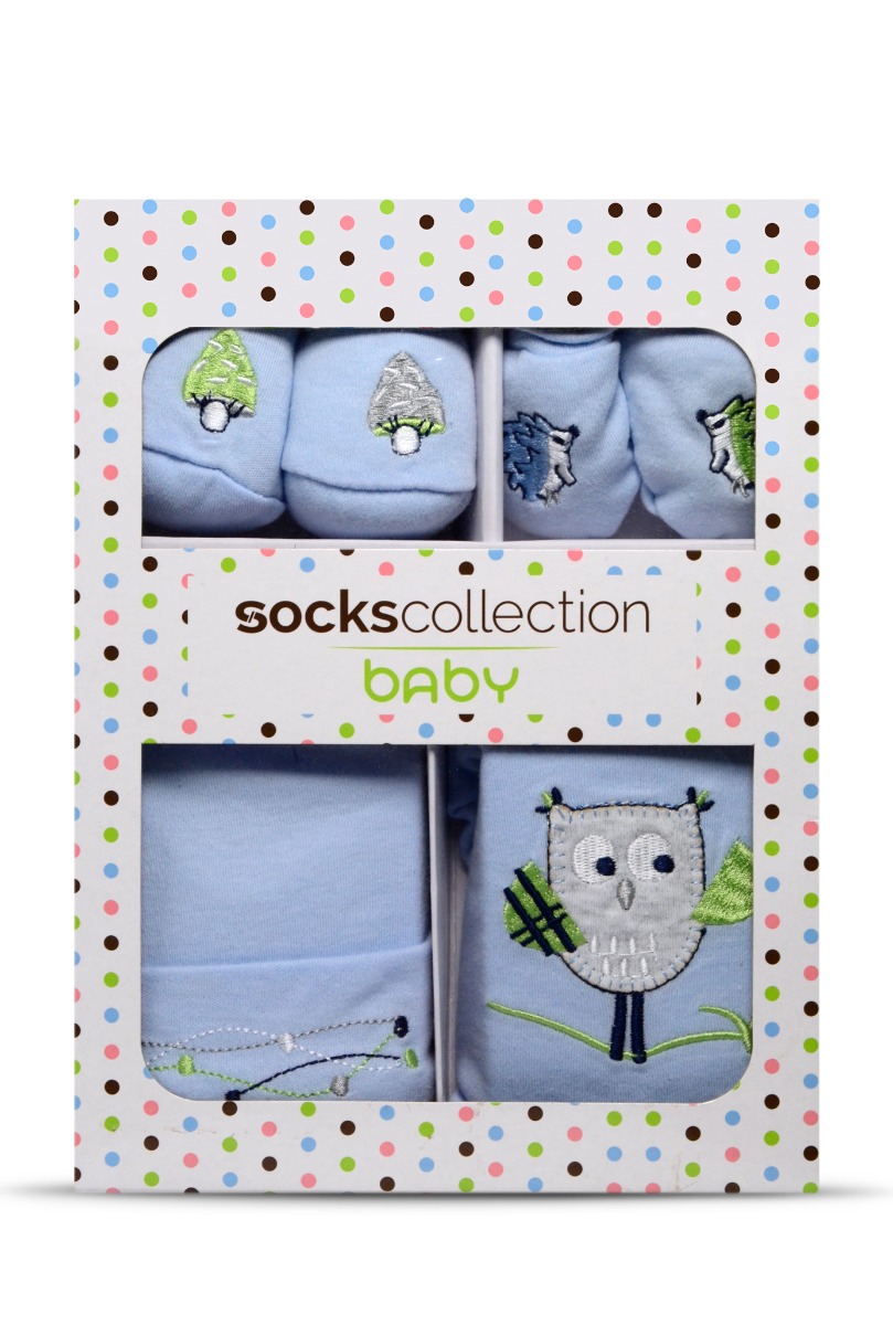 Baby"s Birdy Cap, Bib,Gloves & Socks Blue Set