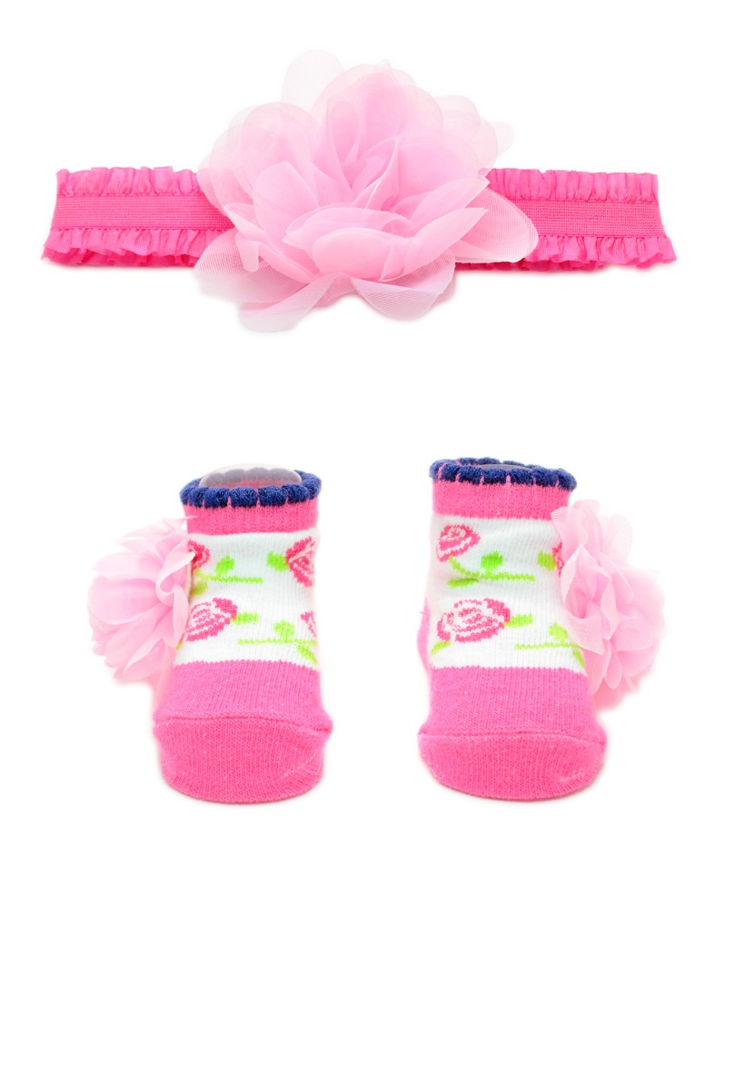 Baby"s Girl Rose Headband & Sock Set Fuchsia/Pink
