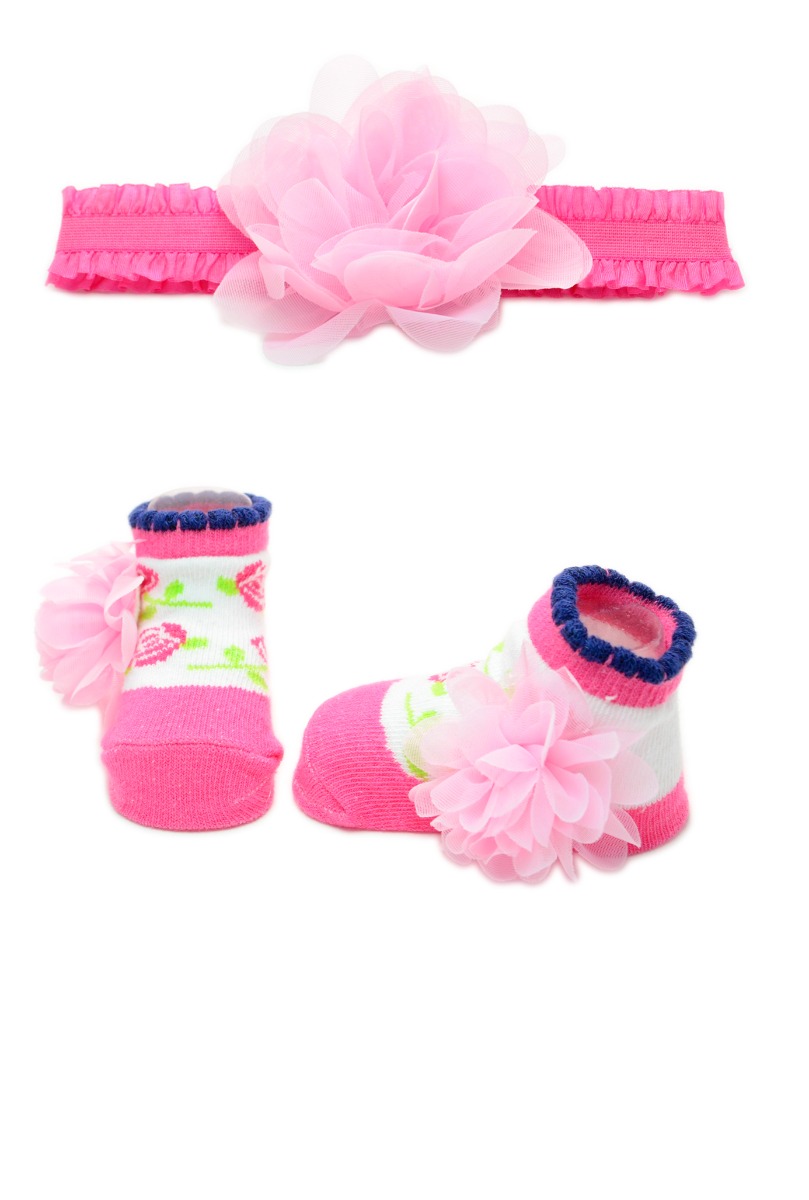 Baby"s Girl Rose Headband & Sock Set Fuchsia/Pink