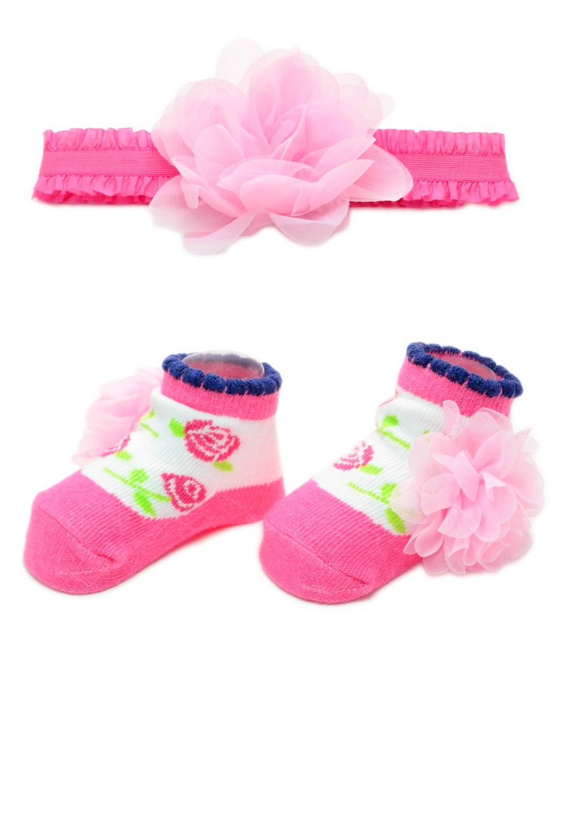 Baby"s Girl Rose Headband & Sock Set Fuchsia/Pink