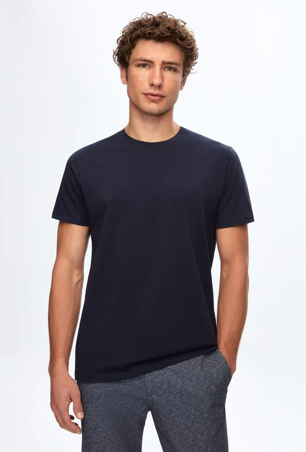 Ds Damat Regular Fit Navy Blue Plain Knitted T-shirt
