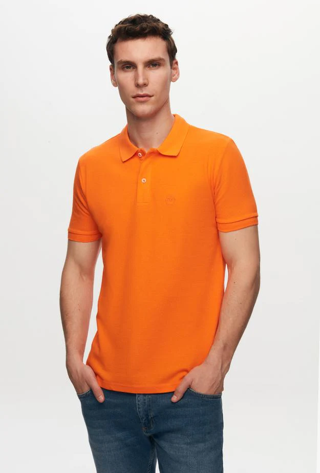 Ds Damat Regular Fit Orange Pique Textured 100% Cotton Polo Neck T-Shirt