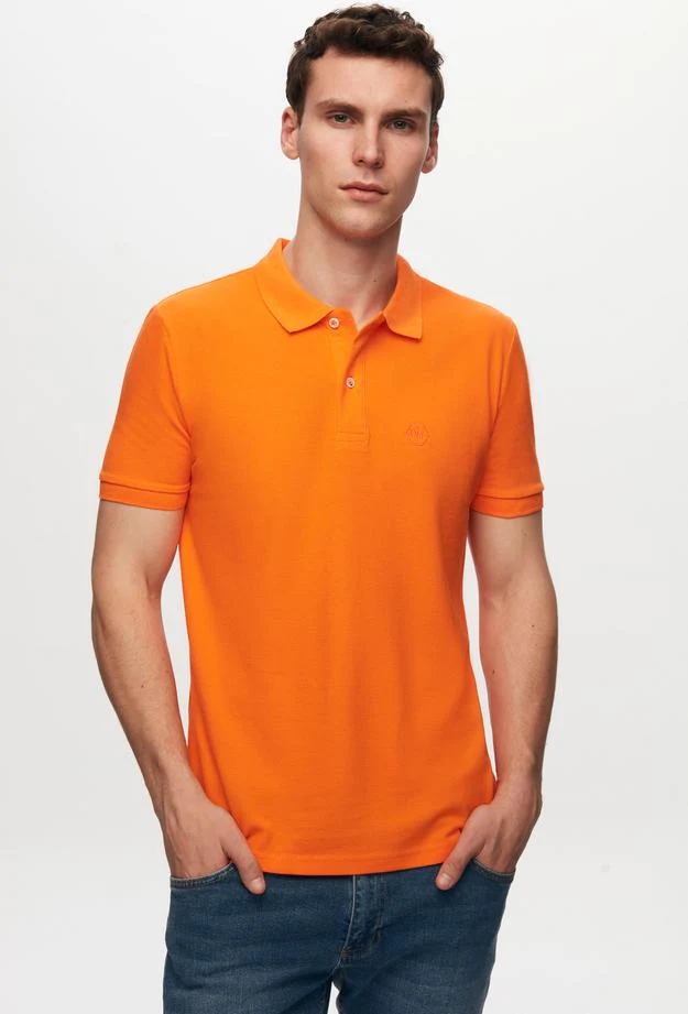 Ds Damat Regular Fit Orange Pique Textured 100% Cotton Polo Neck T-Shirt