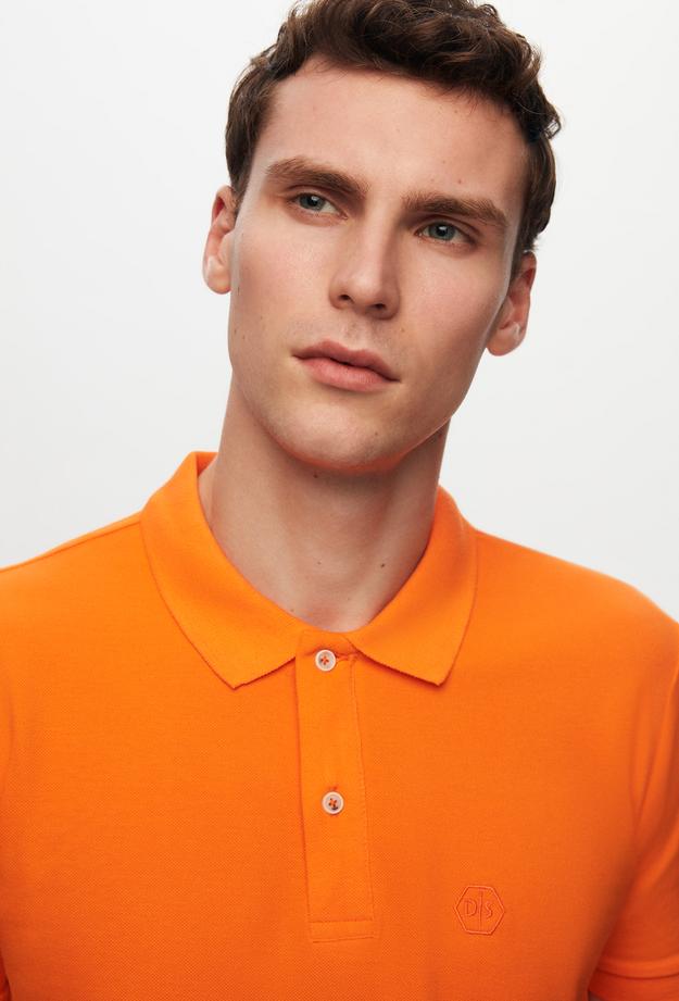 Ds Damat Regular Fit Orange Pique Textured 100% Cotton Polo Neck T-Shirt