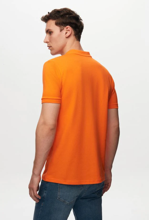 Ds Damat Regular Fit Orange Pique Textured 100% Cotton Polo Neck T-Shirt
