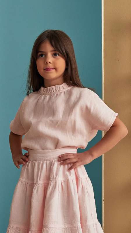 Girls Draped Collar Short Sleeve Blouse