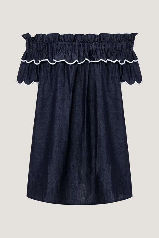 Girls Sossi Denim Off Shoulder Ruffle Dress