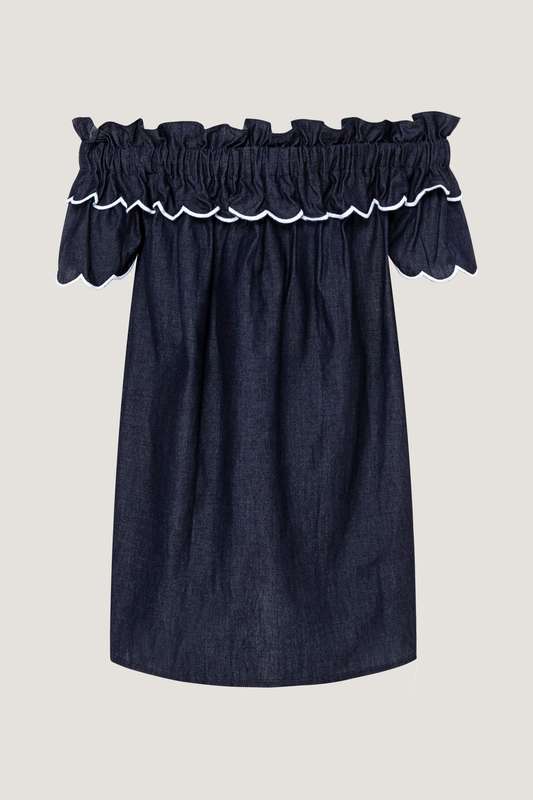 Girls Sossi Denim Off Shoulder Ruffle Dress
