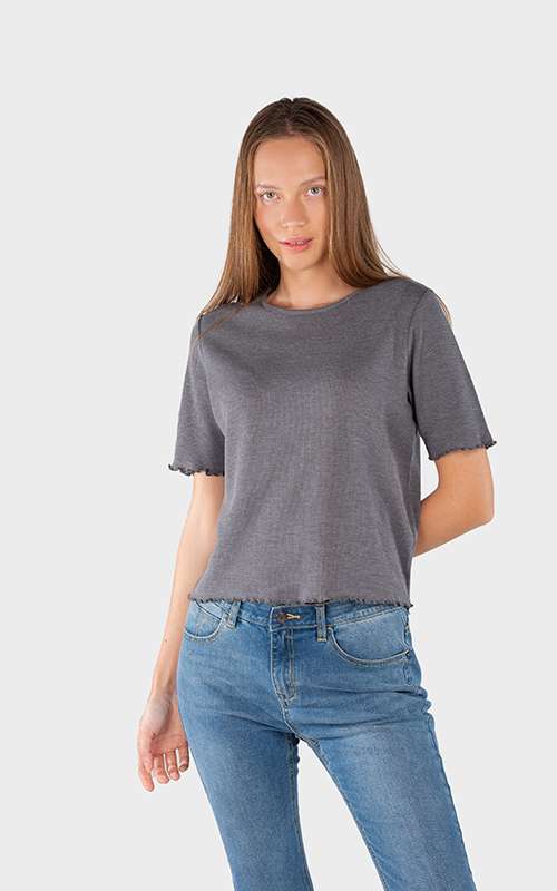 Ladies Cotton Knitted Short Sleeve T-Shirt - Dark Grey