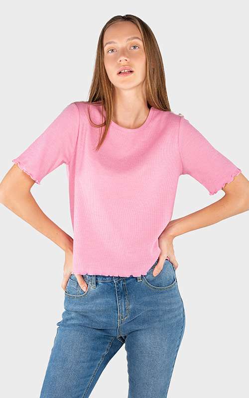Ladies Cotton Knitted Short Sleeve T-Shirt - Pink