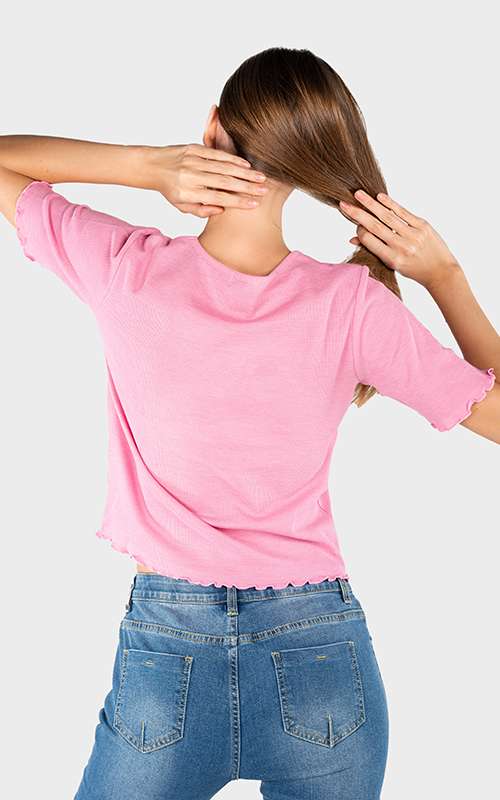 Ladies Cotton Knitted Short Sleeve T-Shirt - Pink