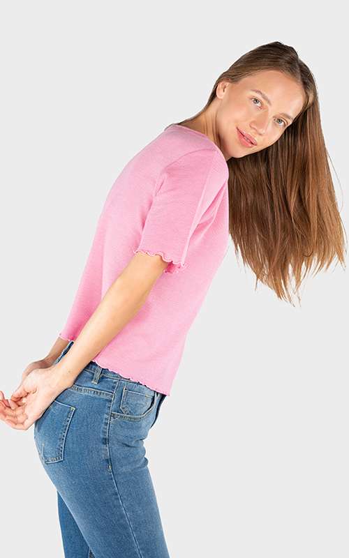 Ladies Cotton Knitted Short Sleeve T-Shirt - Pink