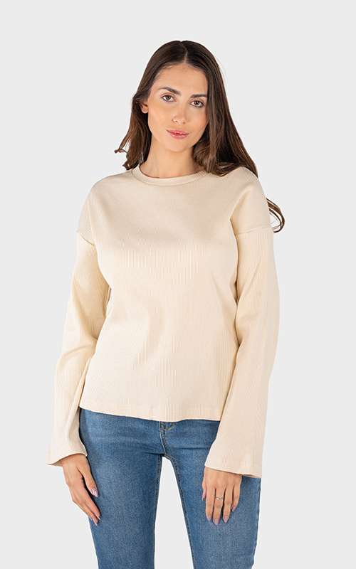 Ladies Essentials Cotton Knitted Long Sleeve T-Shirt- Beige