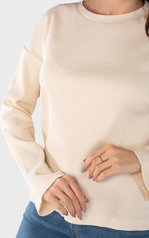 Ladies Essentials Cotton Knitted Long Sleeve T-Shirt- Beige