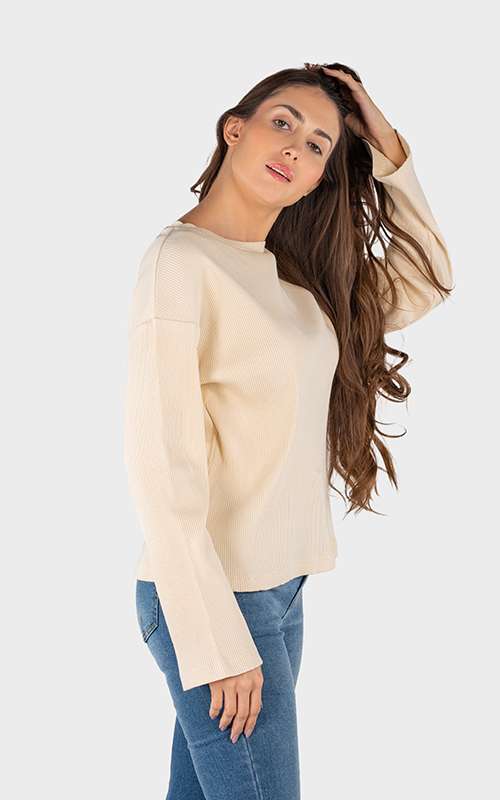 Ladies Essentials Cotton Knitted Long Sleeve T-Shirt- Beige