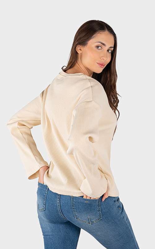 Ladies Essentials Cotton Knitted Long Sleeve T-Shirt- Beige