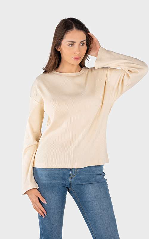 Ladies Essentials Cotton Knitted Long Sleeve T-Shirt- Beige