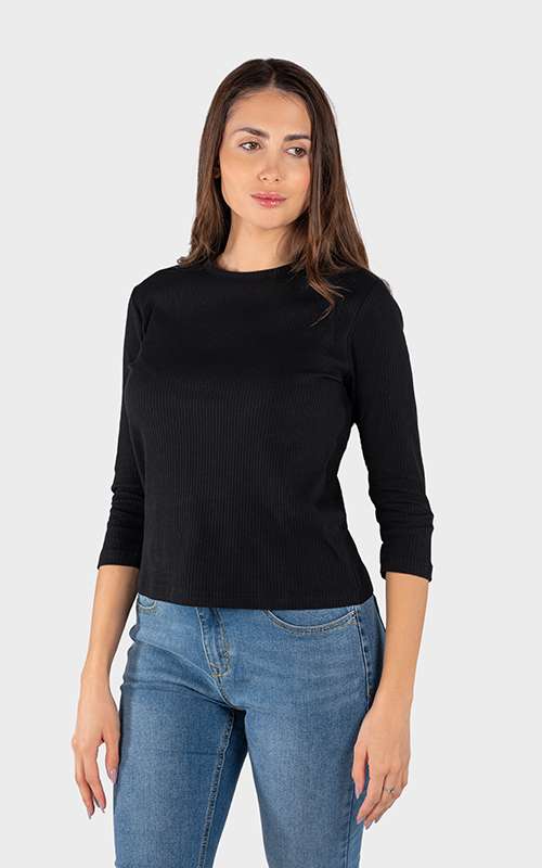 Ladies Essentials Cotton Knitted Long Sleeve T-Shirt - Black