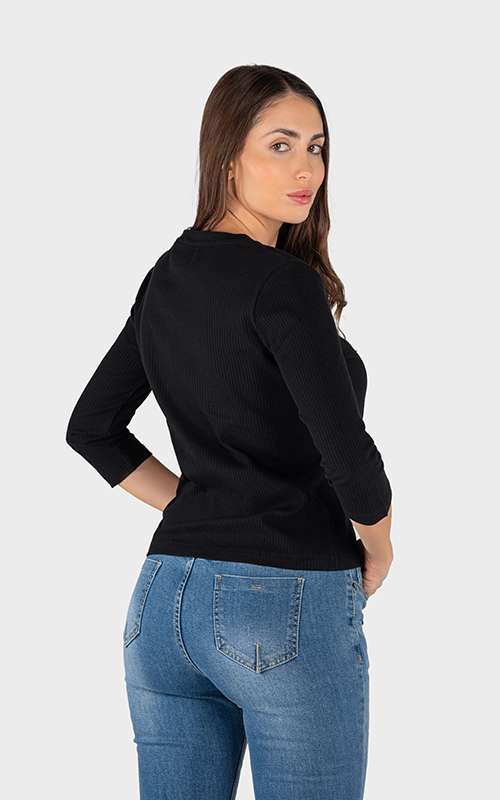 Ladies Essentials Cotton Knitted Long Sleeve T-Shirt - Black