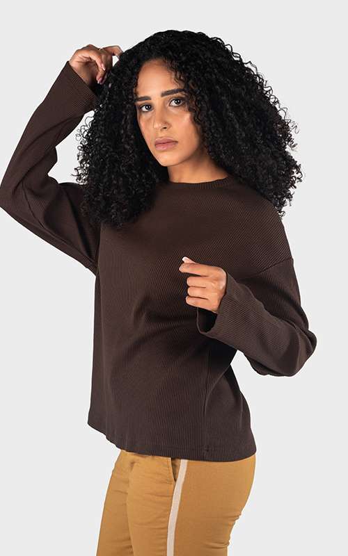 Ladies Essentials Cotton Knitted Long Sleeve T-Shirt- Dark Brown