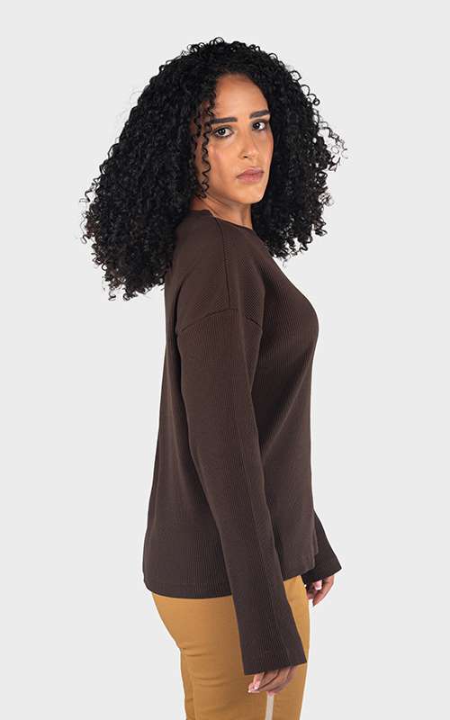 Ladies Essentials Cotton Knitted Long Sleeve T-Shirt- Dark Brown