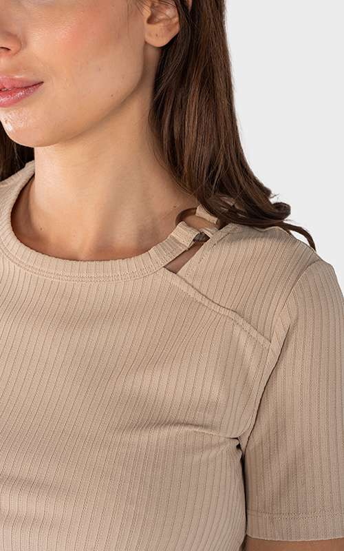 Ladies Essentials Knitted Short Sleeve T-Shirt - Khaki