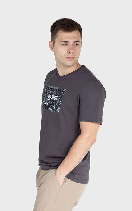 Men"s Print Tee Cotton Knitted T-Shirt - Dark Grey