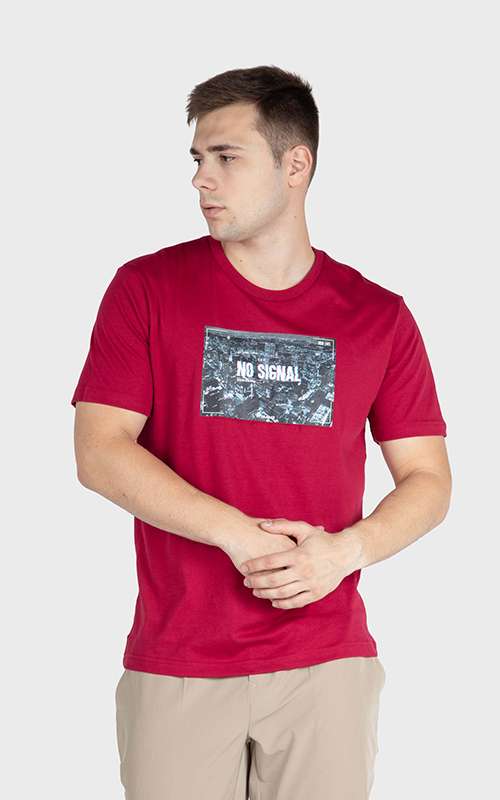 Men"s Print Tee Cotton Knitted T-Shirt - Deep Red