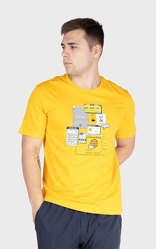 Men"s Print Tee Cotton Knitted T-Shirt - Yellow