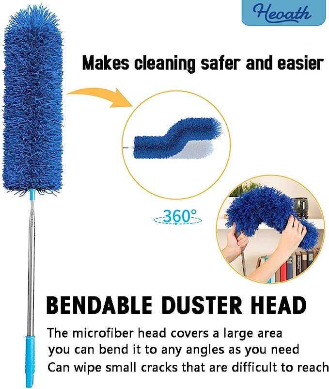 Microfiber Feather Duster with Extendable Pole, 100 inches Extra Long Duster for Cleaning, Bendable Head, Non-Scratch, Washable Duster