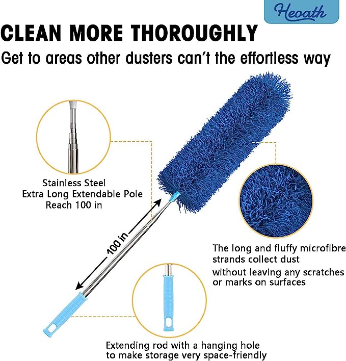 Microfiber Feather Duster with Extendable Pole, 100 inches Extra Long Duster for Cleaning, Bendable Head, Non-Scratch, Washable Duster
