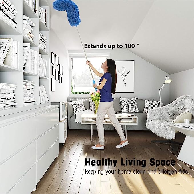 Microfiber Feather Duster with Extendable Pole, 100 inches Extra Long Duster for Cleaning, Bendable Head, Non-Scratch, Washable Duster