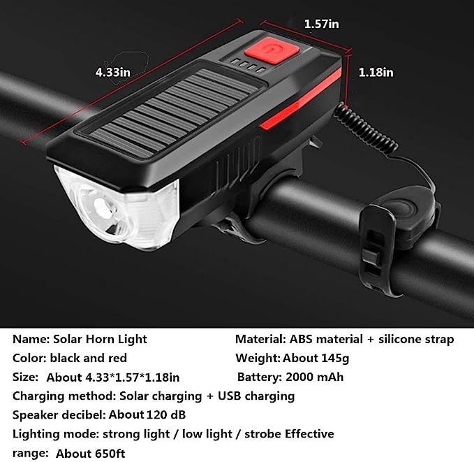 Solar Bike Lights, Front Bicycle Light, 3Modes Super Bright,Supports Solar Power and USB Charging, Waterproof