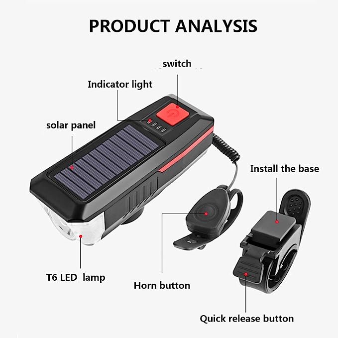 Solar Bike Lights, Front Bicycle Light, 3Modes Super Bright,Supports Solar Power and USB Charging, Waterproof