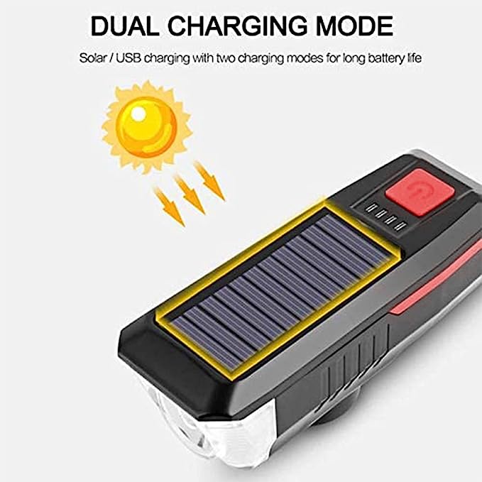 Solar Bike Lights, Front Bicycle Light, 3Modes Super Bright,Supports Solar Power and USB Charging, Waterproof