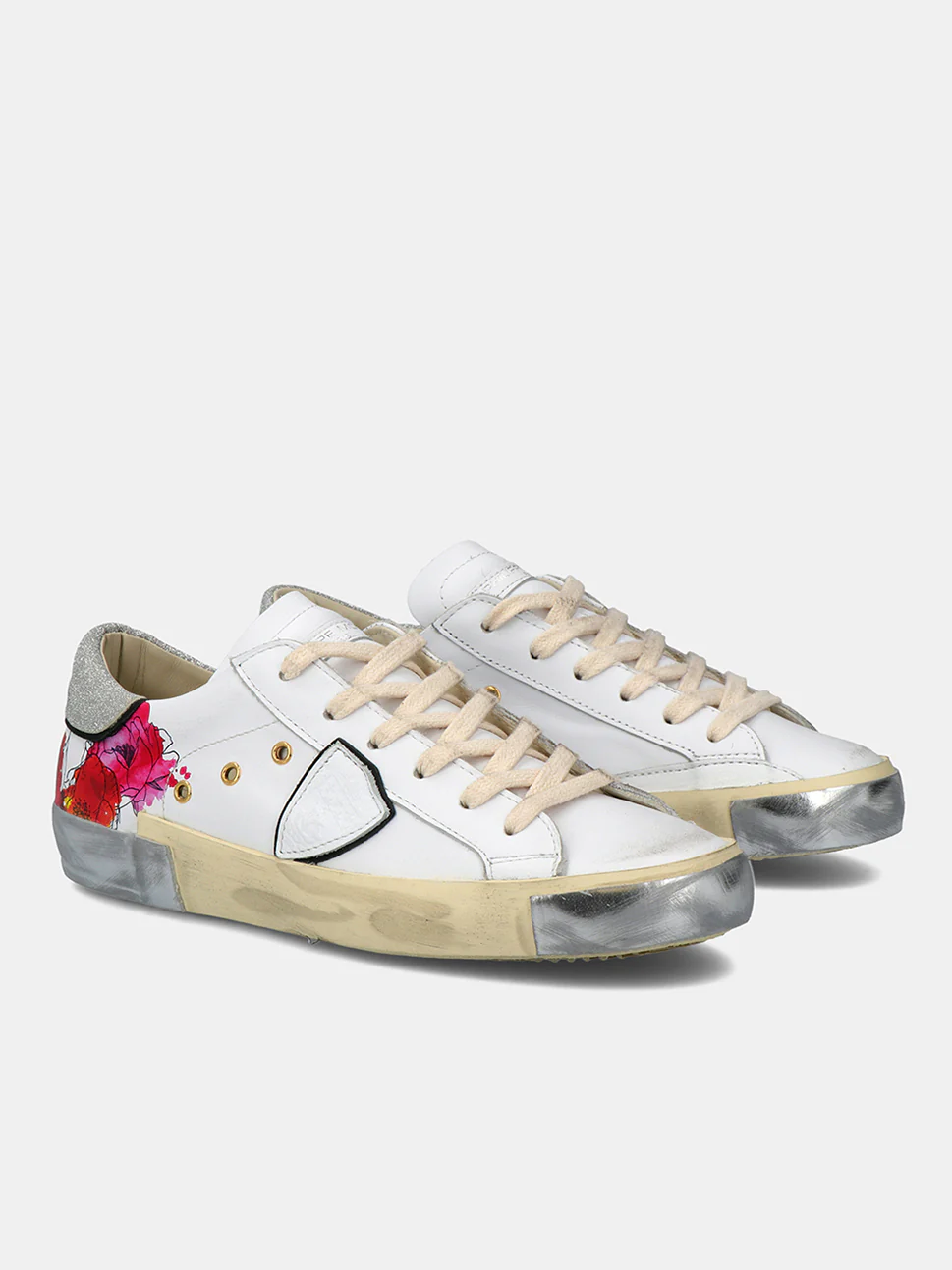 Philippe Model Prsx Low Woman PRLDVEF1 Fleurs Blanc Women"s Sneakers
