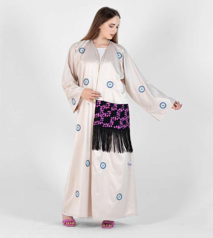 Abaya Bisht with Blue Palm Eyes Embroidery Design + Pocket Design Black Lace