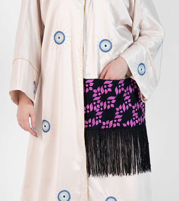 Abaya Bisht with Blue Palm Eyes Embroidery Design + Pocket Design Black Lace