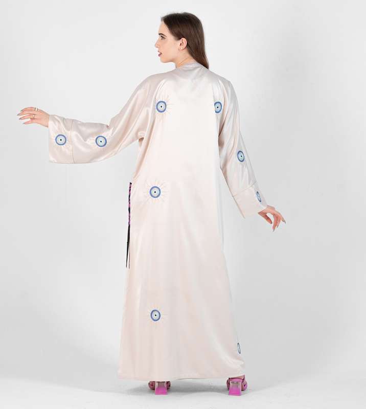 Abaya Bisht with Blue Palm Eyes Embroidery Design + Pocket Design Black Lace