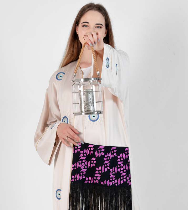 Abaya Bisht with Blue Palm Eyes Embroidery Design + Pocket Design Black Lace