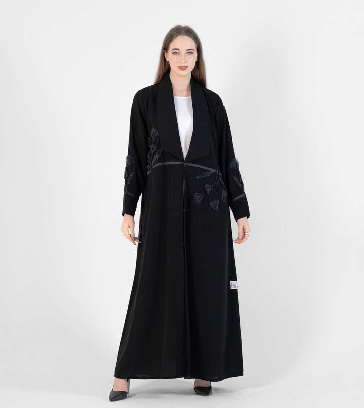 Abaya with Black roses Prominent floral design, hand embroidery