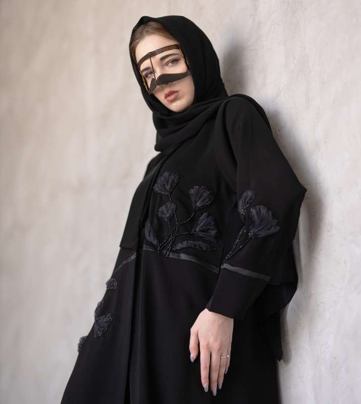 Abaya with Black roses Prominent floral design, hand embroidery