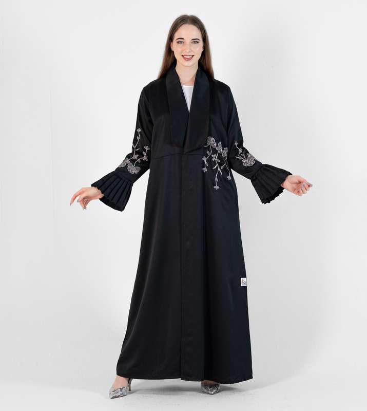 Abaya Jacket Style , Silver Flowers Embroidery , Pleated Puff Sleeves