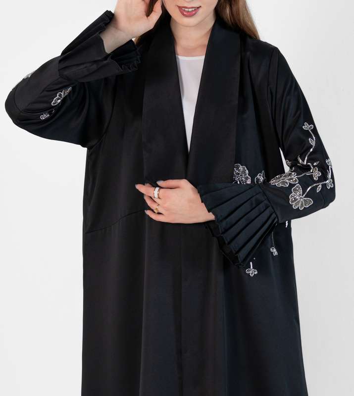 Abaya Jacket Style , Silver Flowers Embroidery , Pleated Puff Sleeves