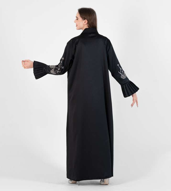 Abaya Jacket Style , Silver Flowers Embroidery , Pleated Puff Sleeves