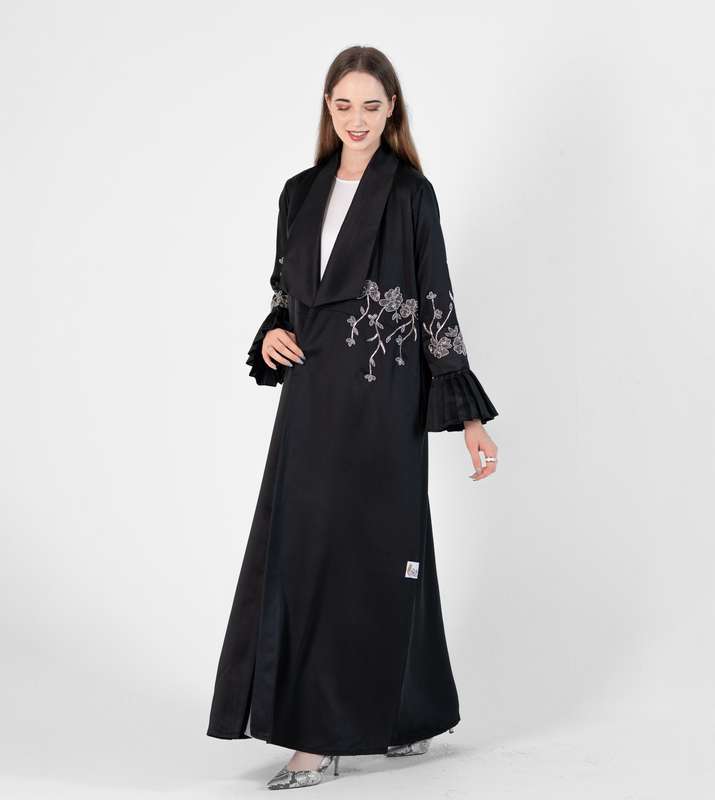 Abaya Jacket Style , Silver Flowers Embroidery , Pleated Puff Sleeves