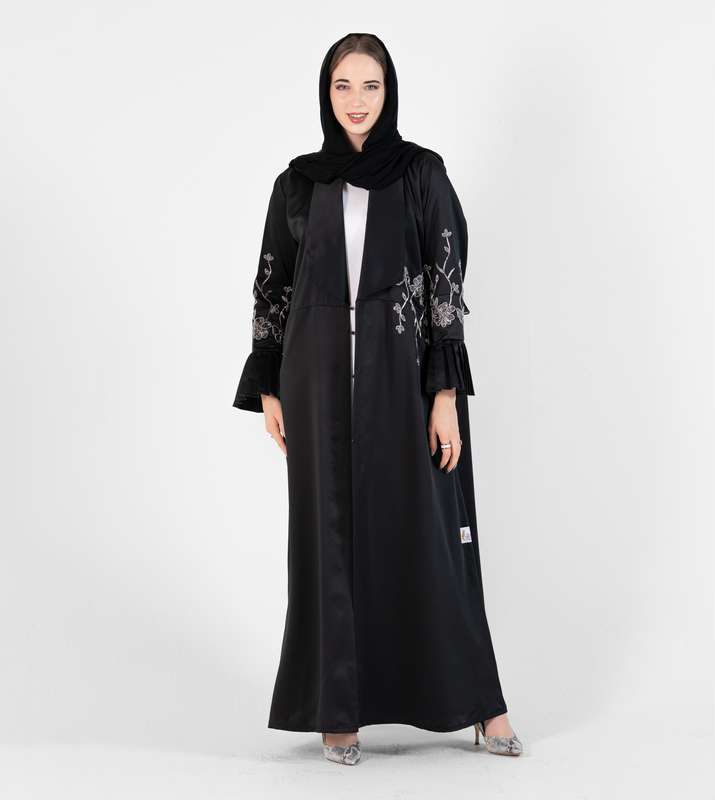 Abaya Jacket Style , Silver Flowers Embroidery , Pleated Puff Sleeves