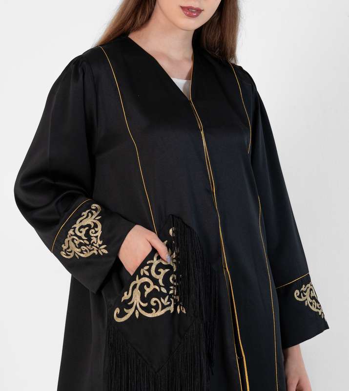 Open Abaya With Bisht Cutting design & Gold Embroidery with pocket lace Design