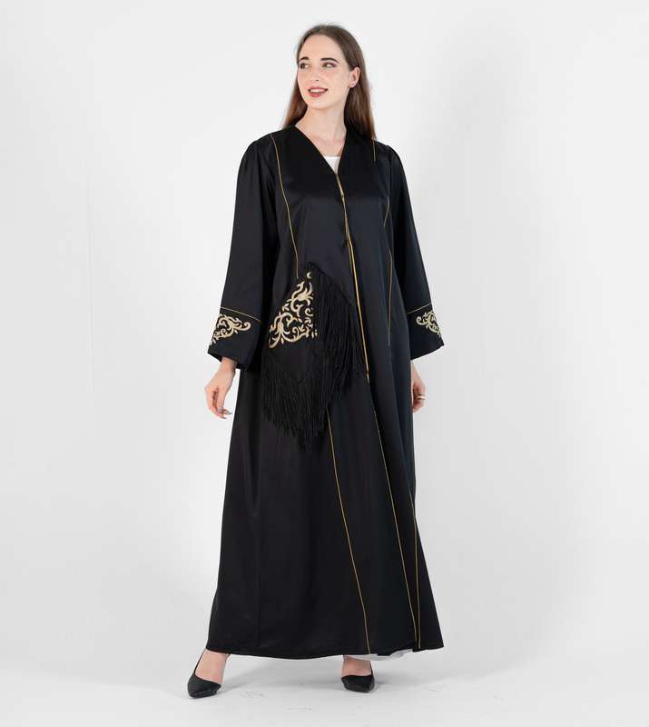 Open Abaya With Bisht Cutting design & Gold Embroidery with pocket lace Design